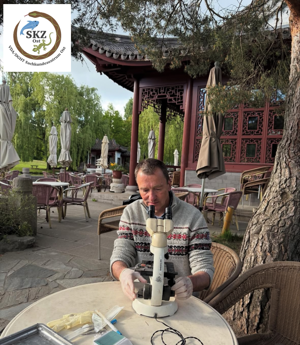 Ein Mann sitzt vor einem Mikroskop an einem Tisch, im Hintergrund exotische Gebäude